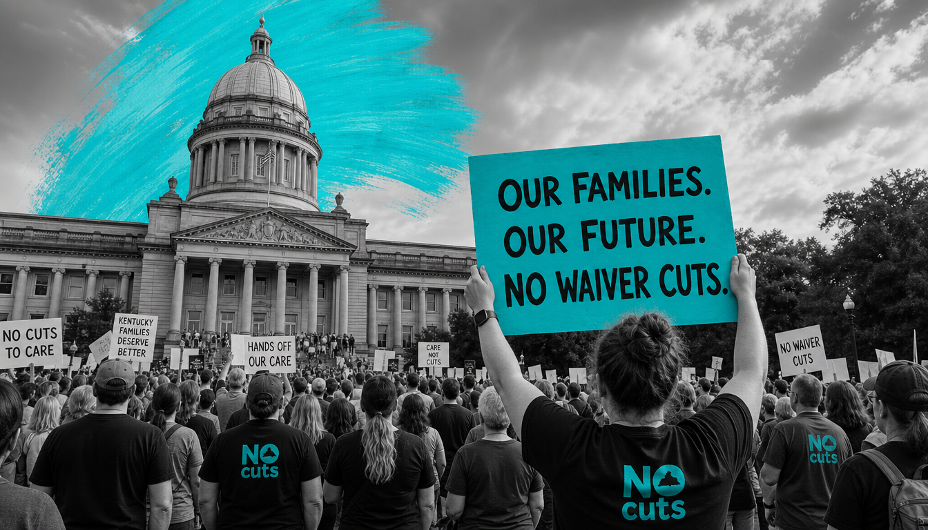 Kentuckians gathered at the State Capitol in Frankfort holding a sign reading 'Our Families. Our Future. No Waiver Cuts.'